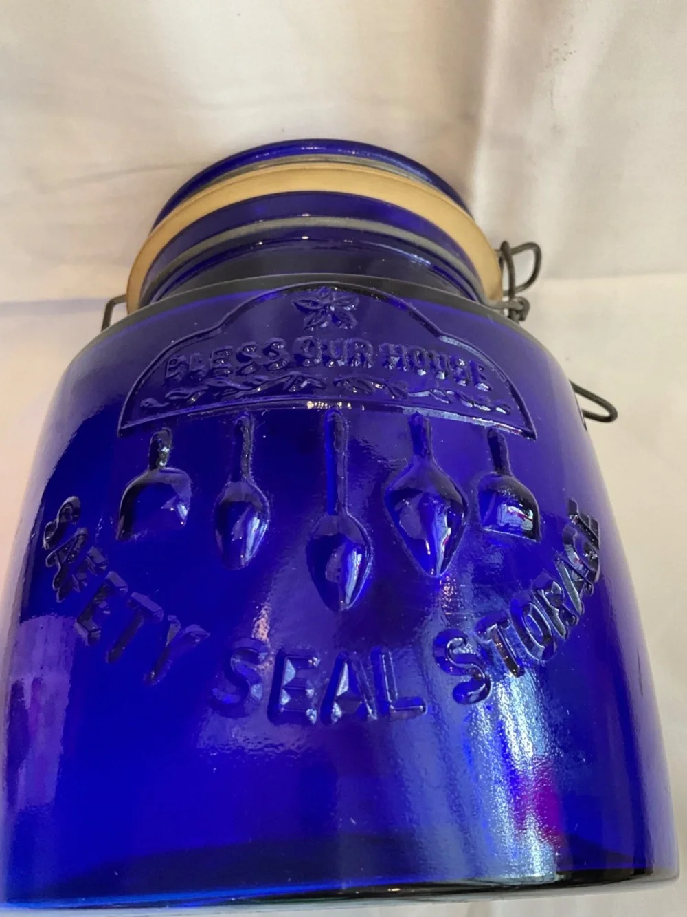 Vintage Crownford‎ China Co Cobalt Blue 2-Quart Jar Bless Our House Italy